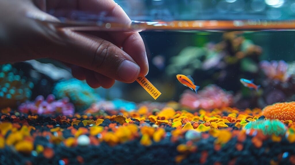 Hand dipping water test strip in a vibrant aquarium