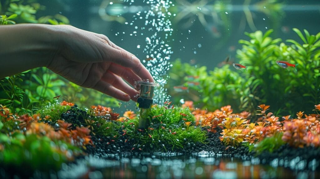 Hand placing a CO2 diffuser in a planted aquarium with rising bubbles and thriving plants