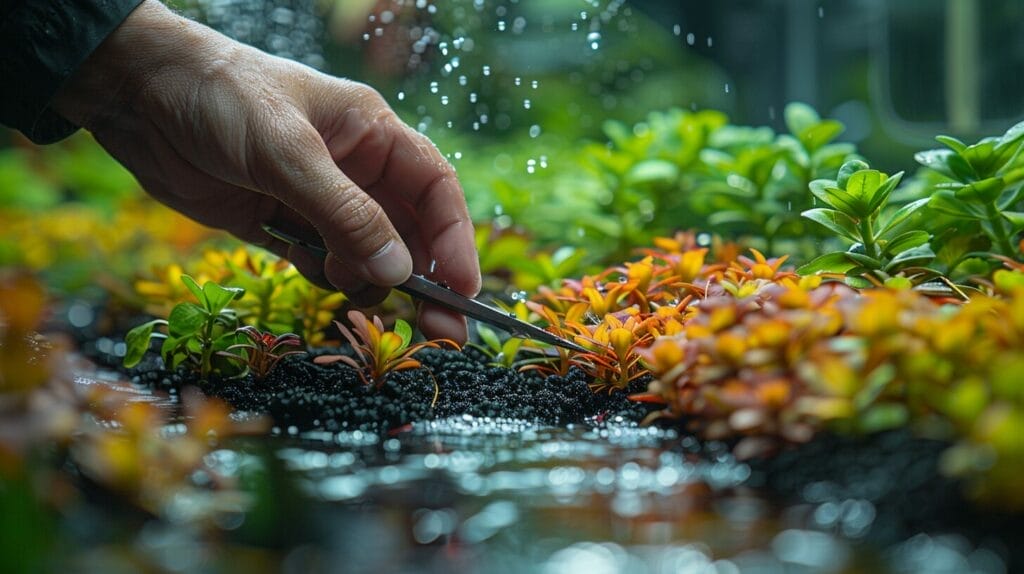 How to Plant Aquatic Plants Hand planting various aquatic plants with tweezers and scissors in clear substrate