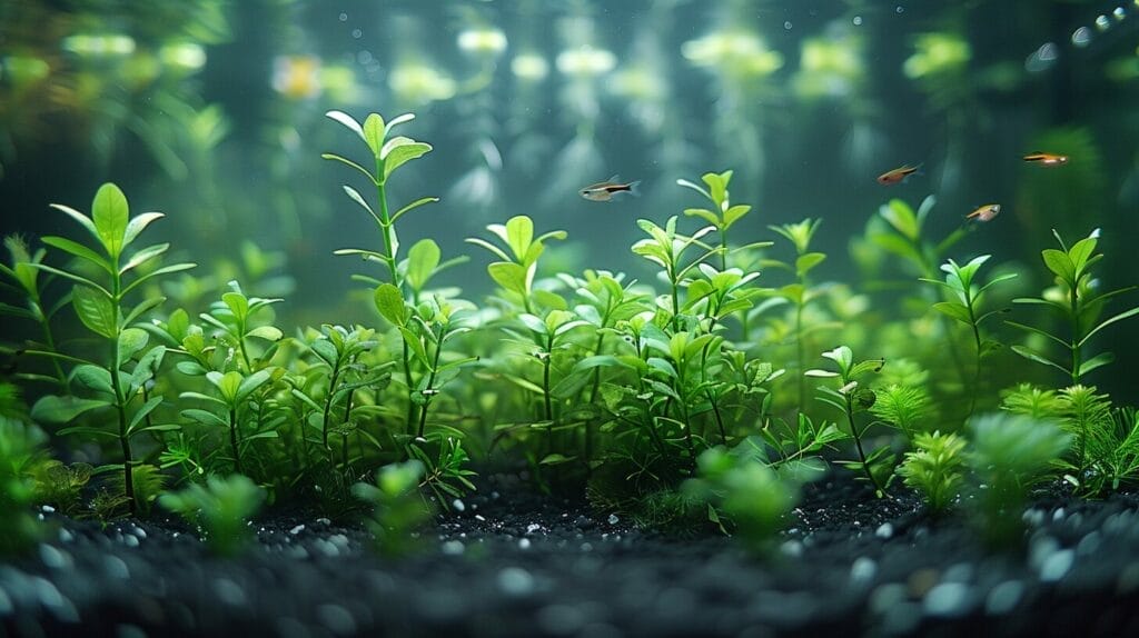 Healthy underwater ecosystem with vibrant green aquatic plants and rich black soil.