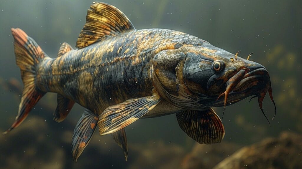 Image of a catfish swimming in a murky river, highlighting the intricate patterns and textures of its scales, with sunlight reflecting off them, emphasizing their role in catfish behavior and habitat.
