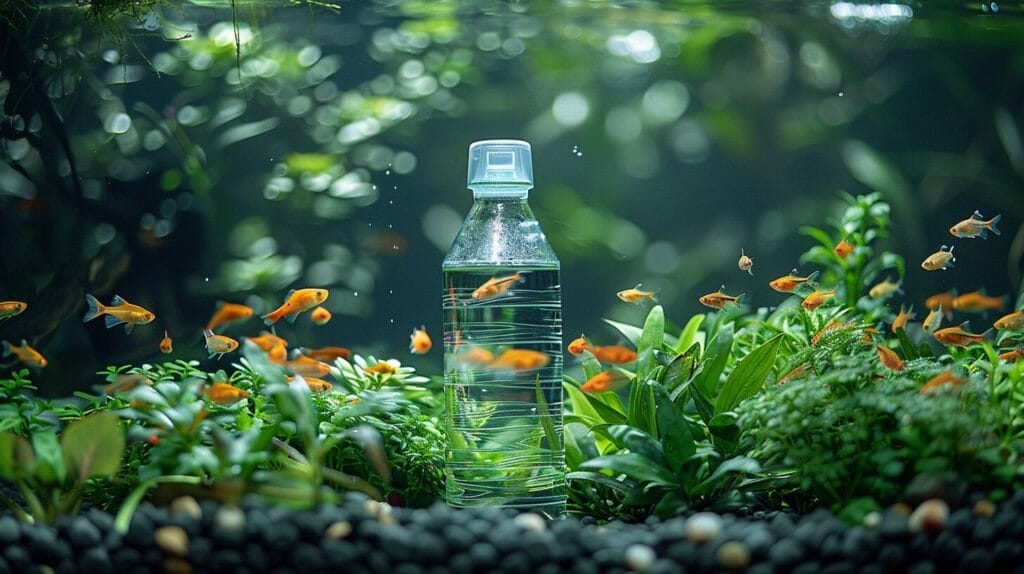 Image of a clean fish tank with happy fish and a glistening bottle of dechlorinator nearby.