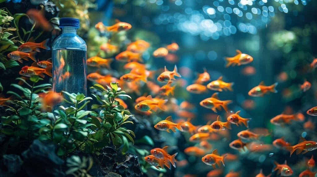Image of a sparkling clean aquarium with vibrant fish, green plants, and a bottle of dechlorinator displayed prominently.