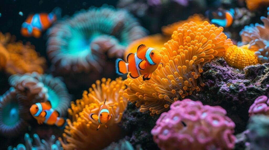 Intricate saltwater aquarium with vibrant, exotic fish in diverse colors.
