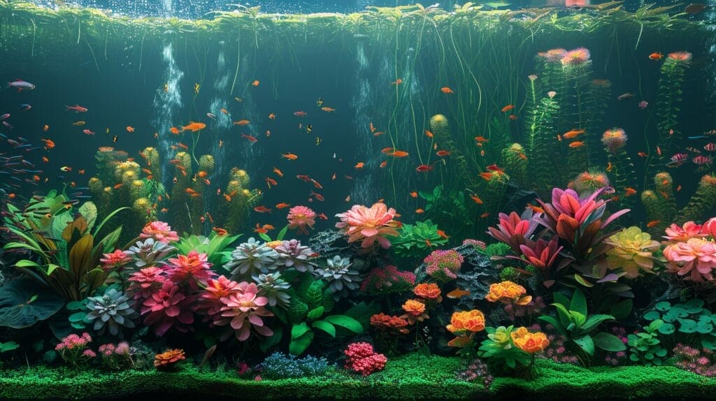 Landscaped aquarium with vibrant plants and fertilizer products.