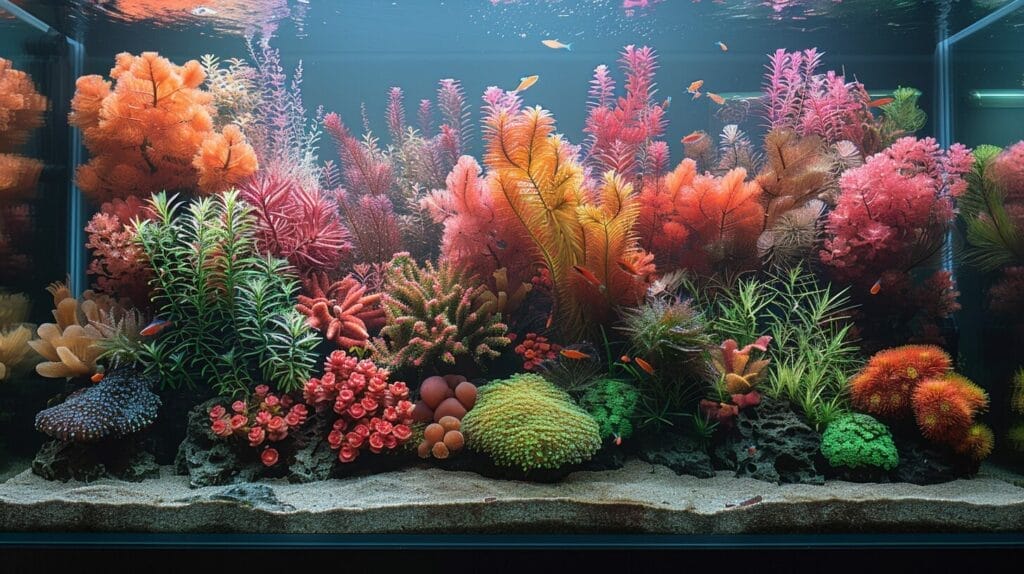 Lush aquarium with diverse plants and peaceful fish.