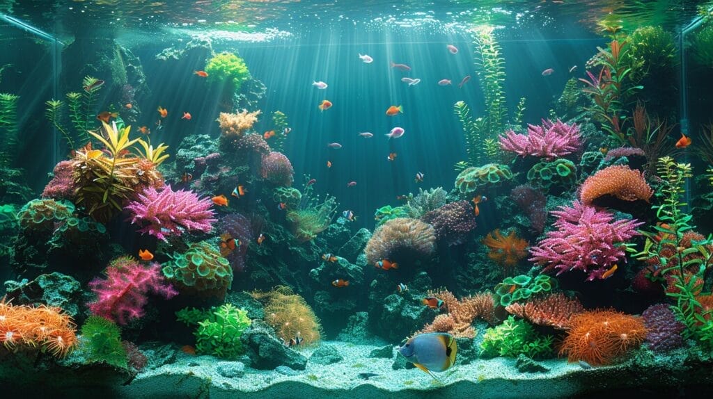 Lush underwater aquascaping with colorful plants and exotic fish.