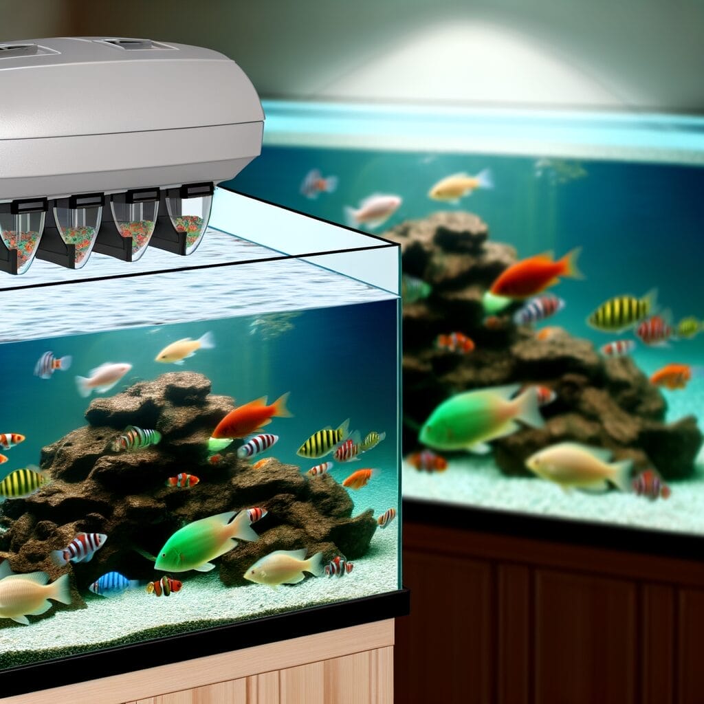 Modern aquarium auto feeder, multiple compartments, vibrant fish nearby.