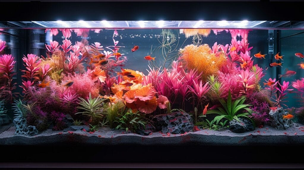 Modern aquarium with LED lighting and colorful fish and plants.