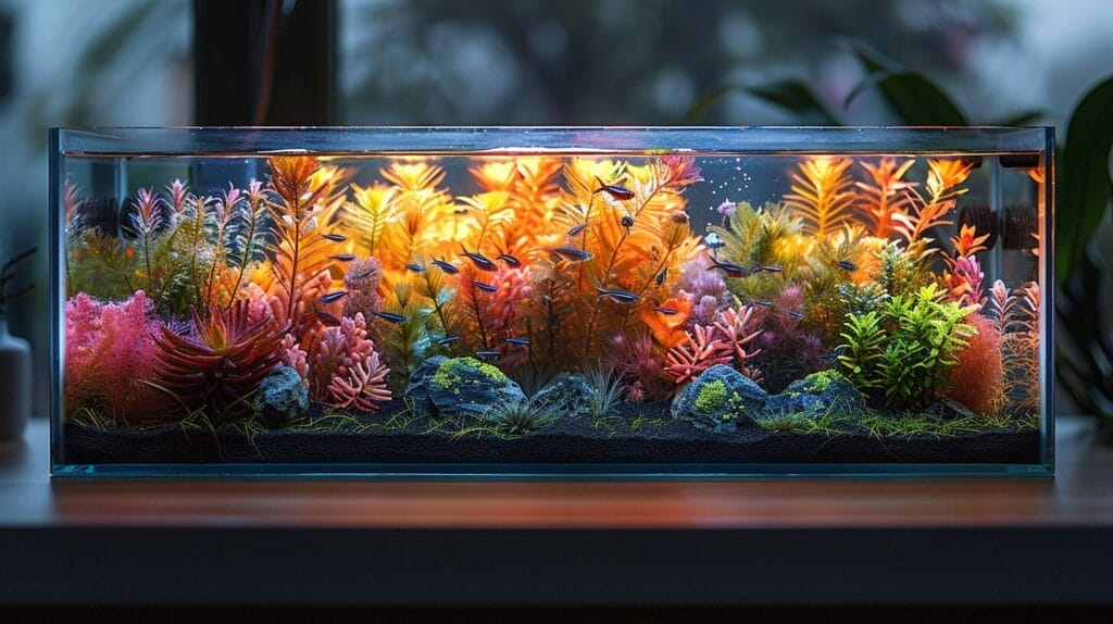 Modern aquarium with LED lights, plants, and colorful fish.