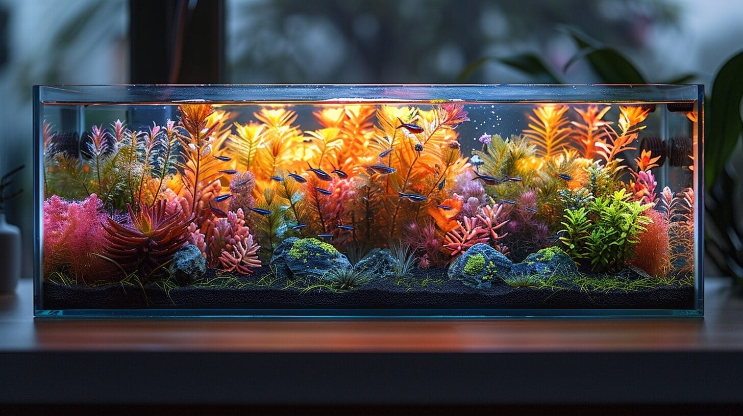 Modern aquarium with LED lights, plants, and colorful fish.