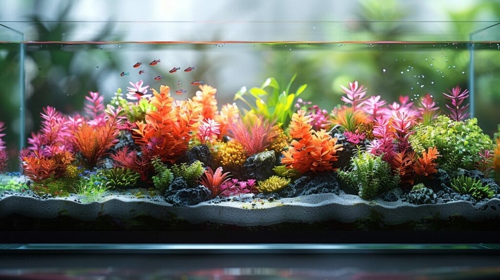 Modern aquarium with vibrant plants and fish, LED lights.