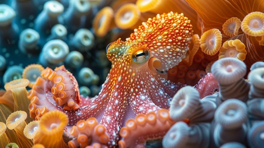 Octopus, frogfish, and nudibranch exhibiting camouflage abilities in their underwater environment.