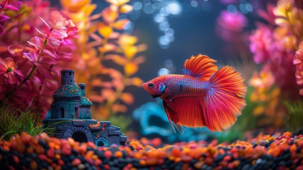 Ornate castle ruins, lush greenery, and colorful pebbles in a vibrant betta fish tank.