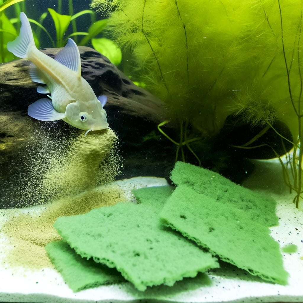 Otocinclus catfish feeding on dissolving algae wafers in an aquarium.