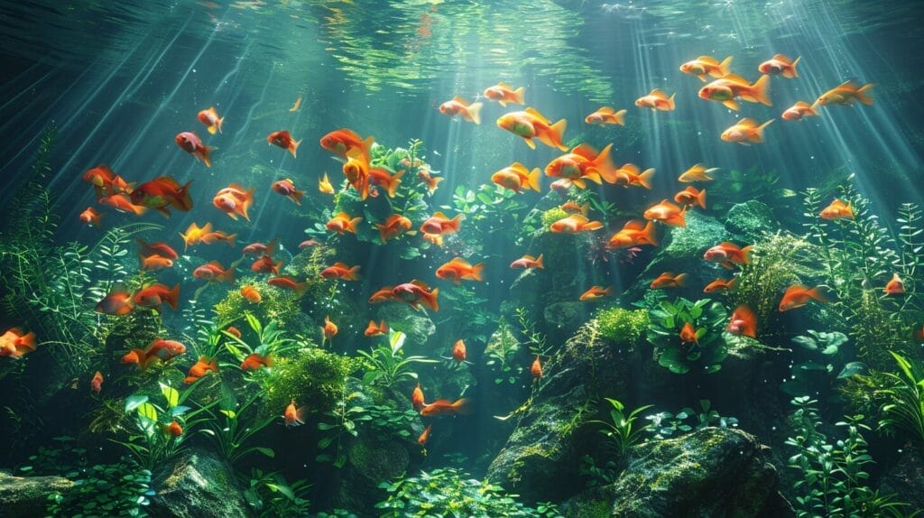 Peaceful fish tank with diverse species and lush plants