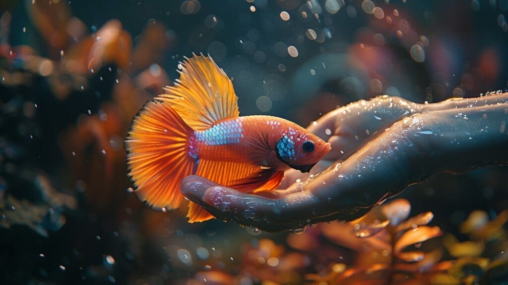 Person's hand reaching into a tank as a vibrant betta fish with shimmering scales swims towards it.