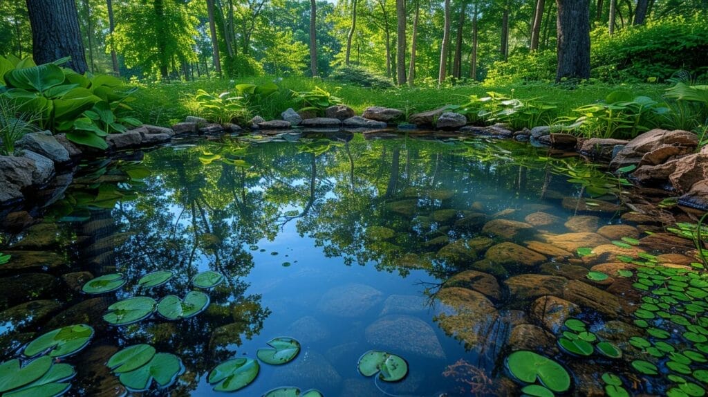 Serene, algae-free pond with sunlight filtering through, surrounded by greenery.