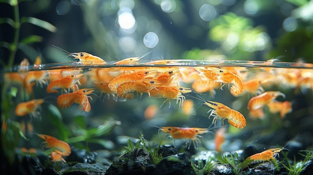Shrimp in clear container acclimating in tank.