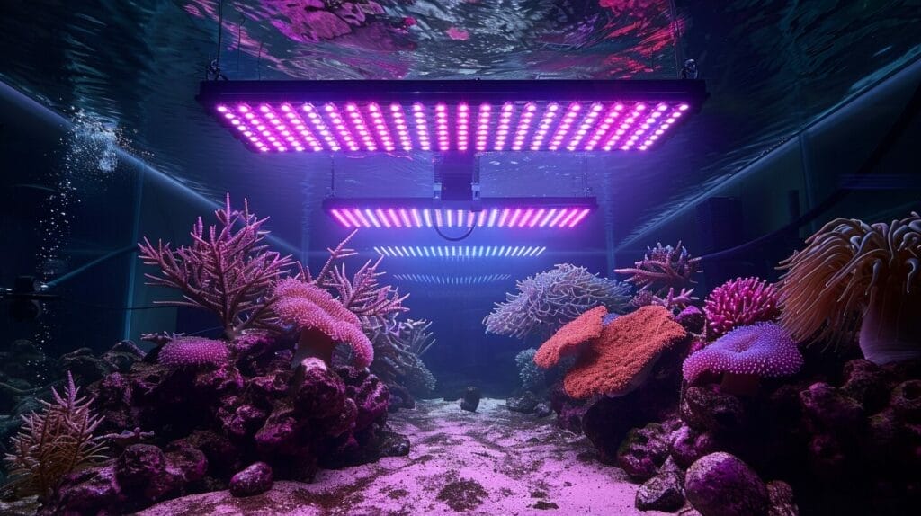 Sleek LED panel above modern aquarium with customizable colors.