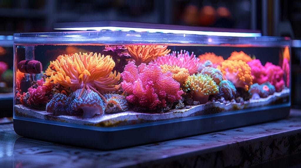 Sleek aquarium lid with LED lights enhancing a vibrant coral reef.
