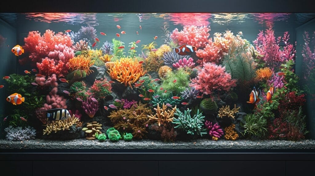 Sleek aquarium with coral, exotic fish, and plants.