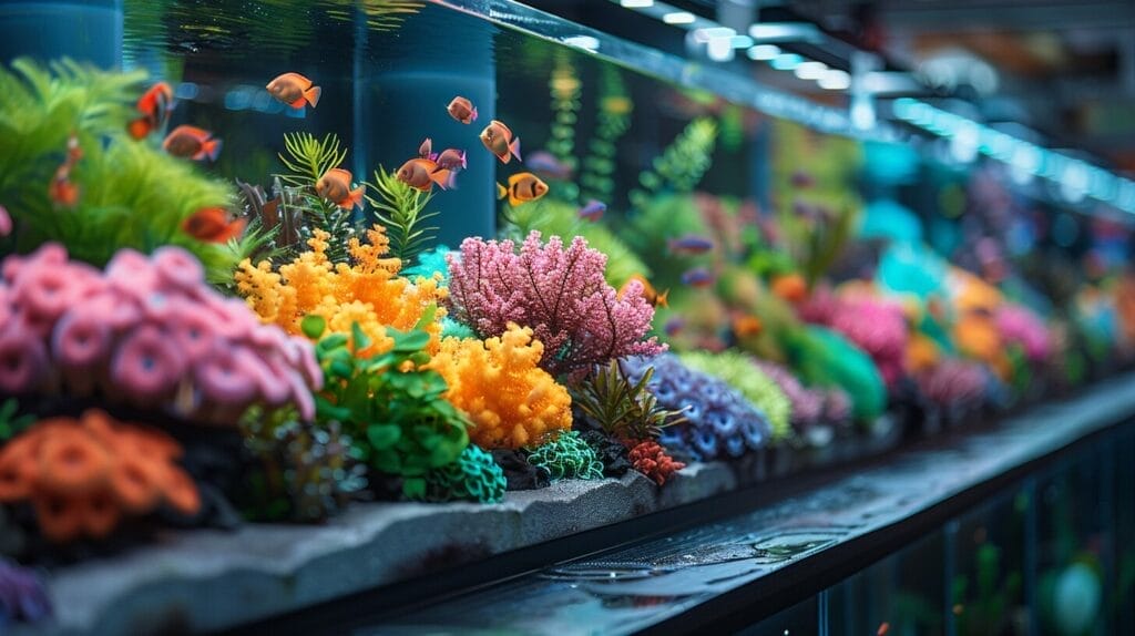 Store display of aquarium tanks and accessories with vibrant swimming fish.