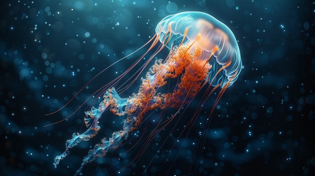 Translucent jellyfish pulsating its tentacles in the deep blue ocean.