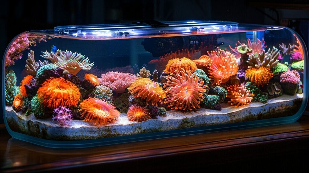 Transparent, secure aquarium lid over a vibrant reef tank.