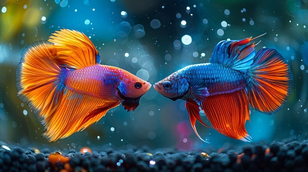 Two fighting fish, one red with blue fins and one turquoise with orange stripes, in a modern aquarium.