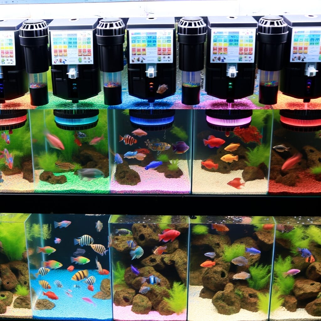 Variety of aquarium auto feeders, colorful fish, programmable schedules.