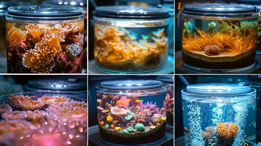 Variety of aquarium lids with lighting and coral views.