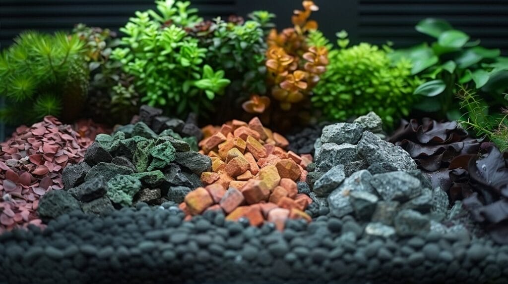 Variety of aquascape substrates including sand, soil, and gravel.