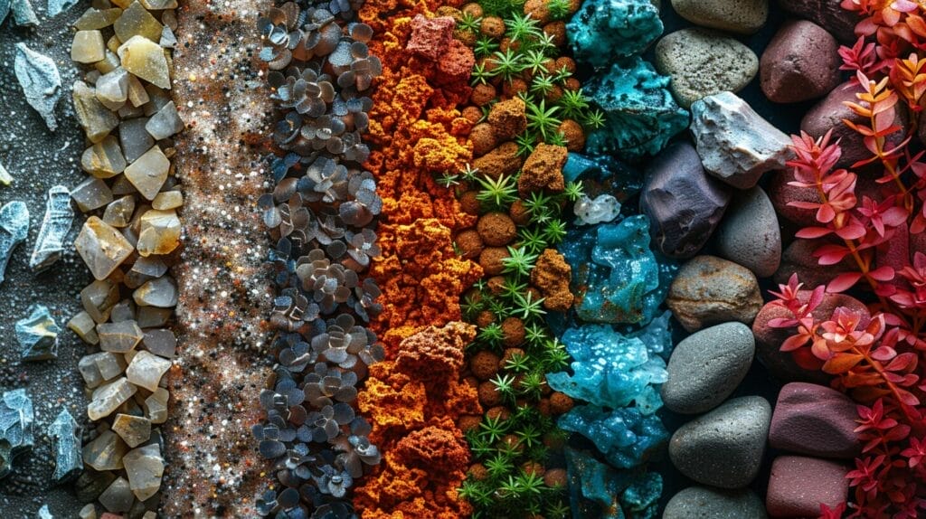 Variety of colorful, textured aquascape substrates in a row.