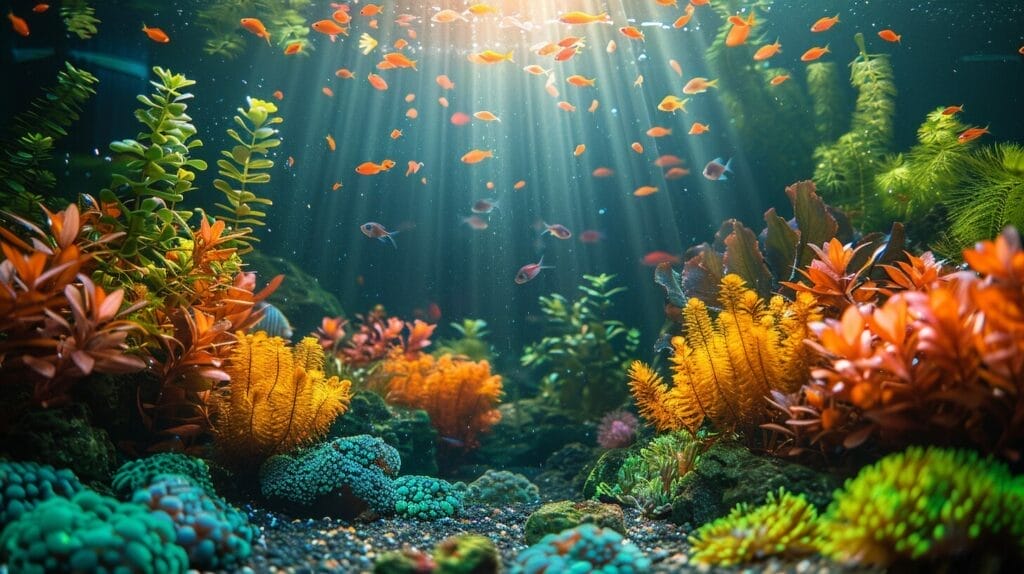 Vibrant DIY underwater landscape in an aquarium filled with lush green background plants.