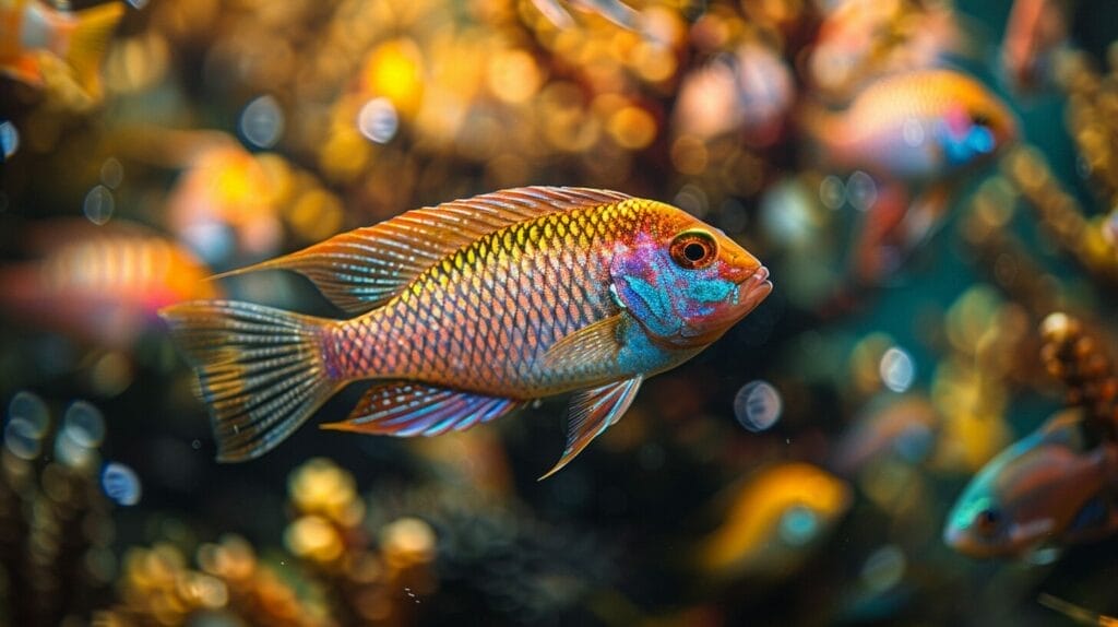 Vibrant and patterned Boesmans Rainbow Fish swimming in a planted aquarium.
