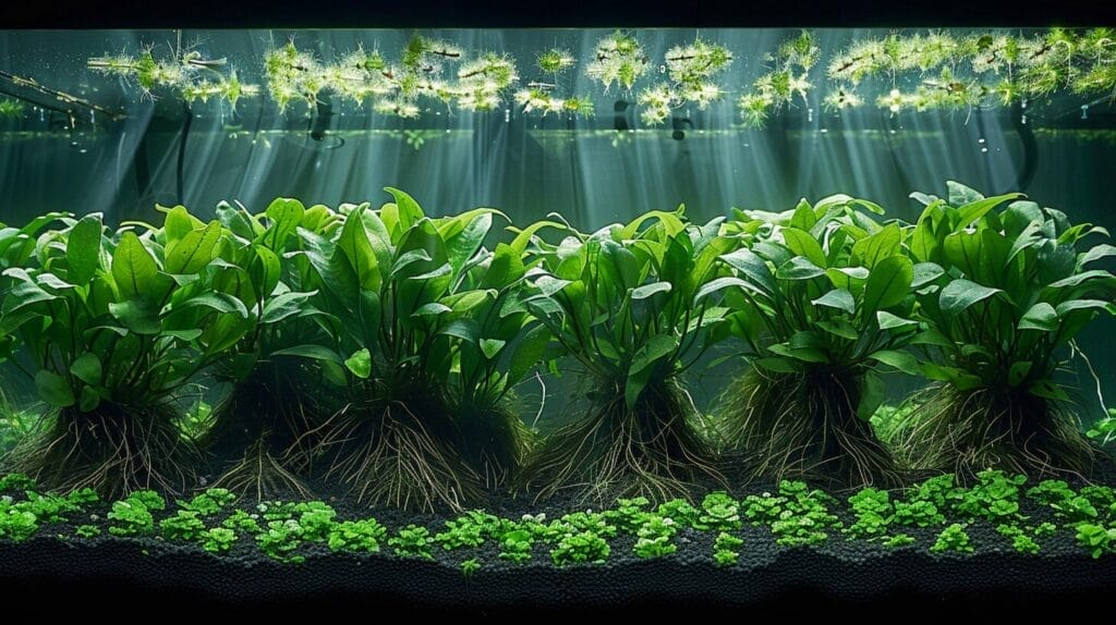 Vibrant aquarium scene with green plants and healthy roots, enhanced by root tabs.
