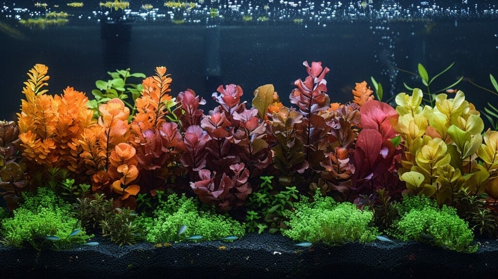 Vibrant aquatic plants with plant food products in clear aquarium.