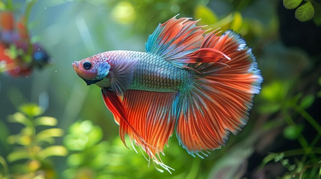 Vibrant betta fish in a spacious, clean tank with live plants, a cave, heater, and filter.