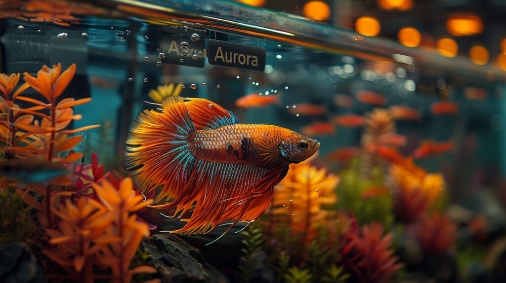 Vibrant betta fish named Aurora swimming among colorful plants and bubbles in a tank.