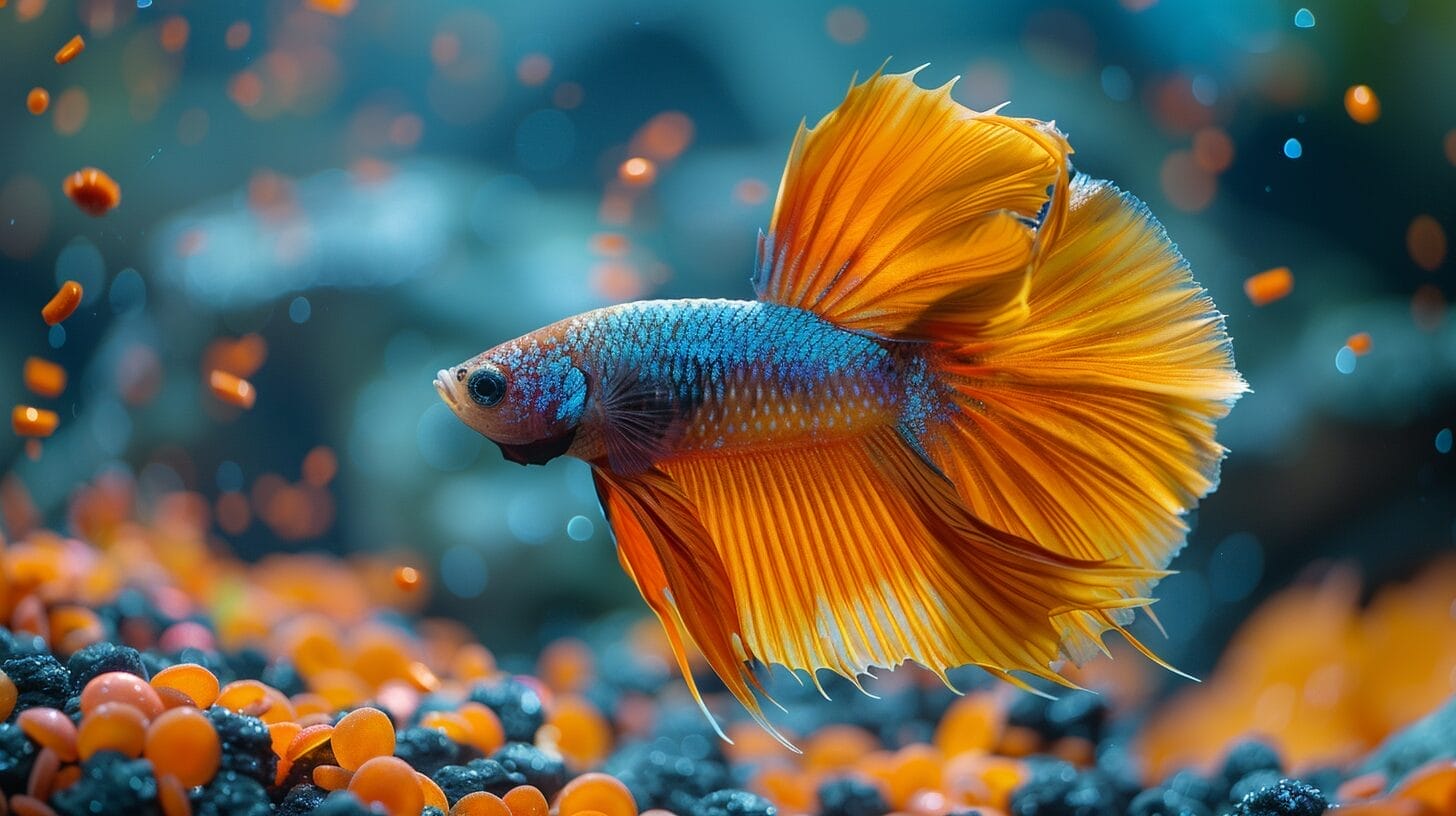 Vibrant betta fish with colorful pellets and live foods in tank.