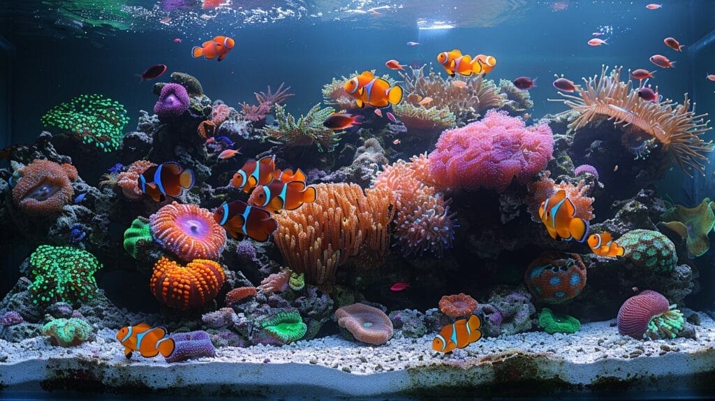 Vibrant coral reef in crystal-clear aquarium with diverse fish and plants.