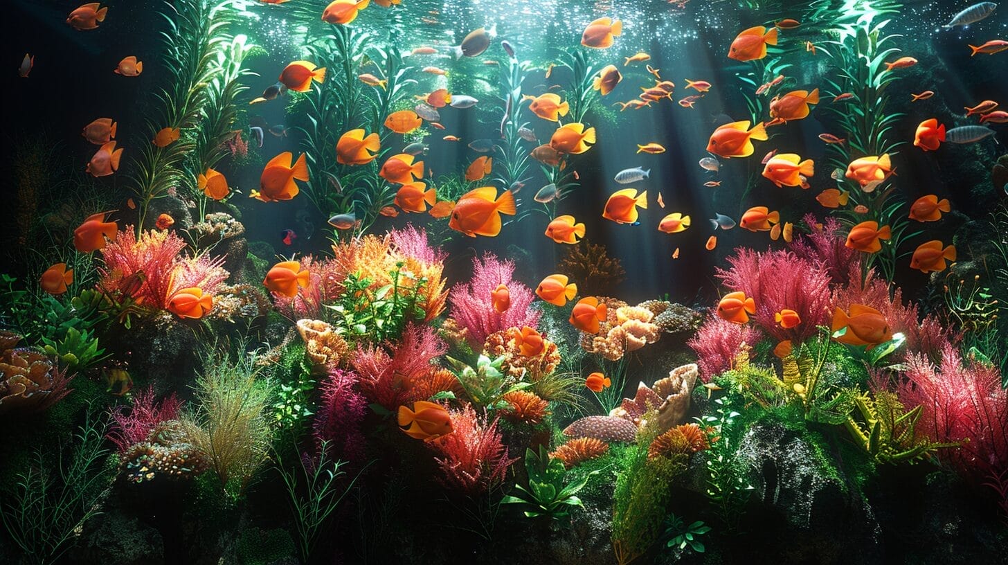Vibrant fish in clear aquarium with green plants and coral reefs.
