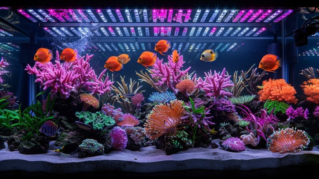 Vibrant fish swimming in a well-lit, clean aquarium.