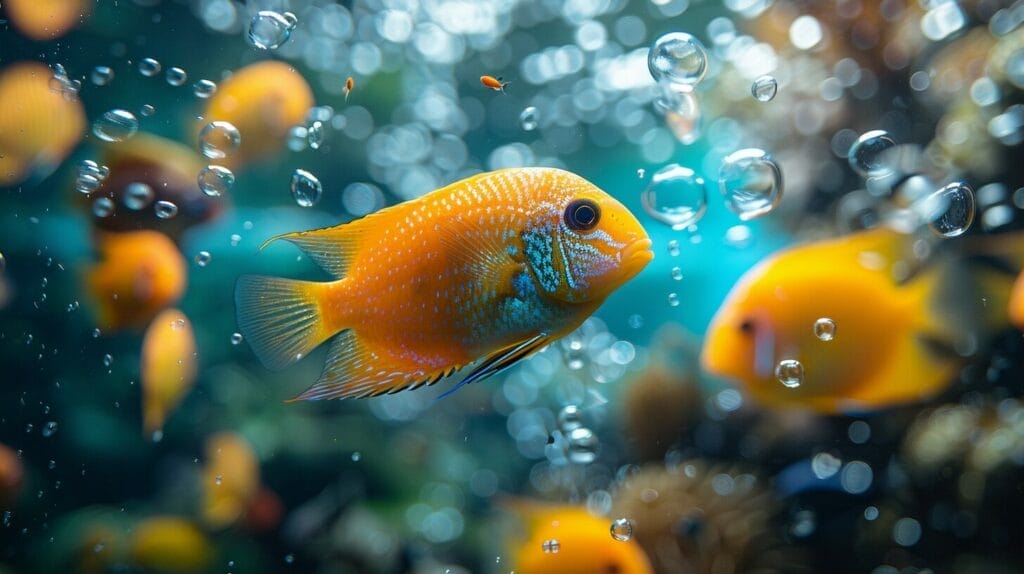 Vibrant fish tank with bubble wall, air pump tubes, and colorful fish.