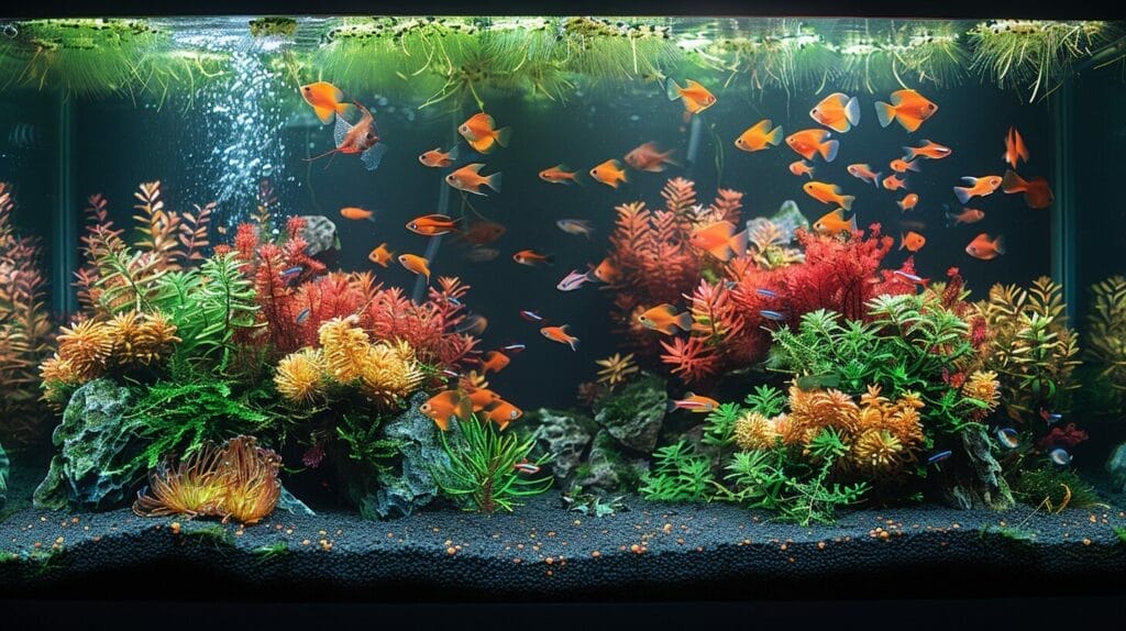 Vibrant underwater aquarium scene with diverse fish and plants in strong currents.