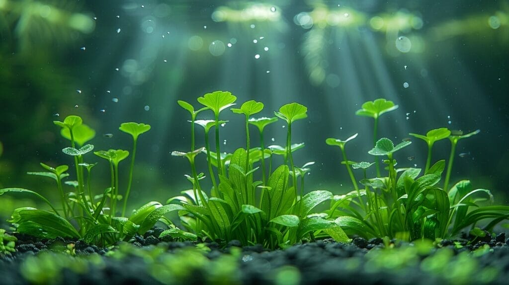 Vibrant underwater aquarium scene with plants thriving due to root tabs, showing deep-reaching roots for nutrient absorption.