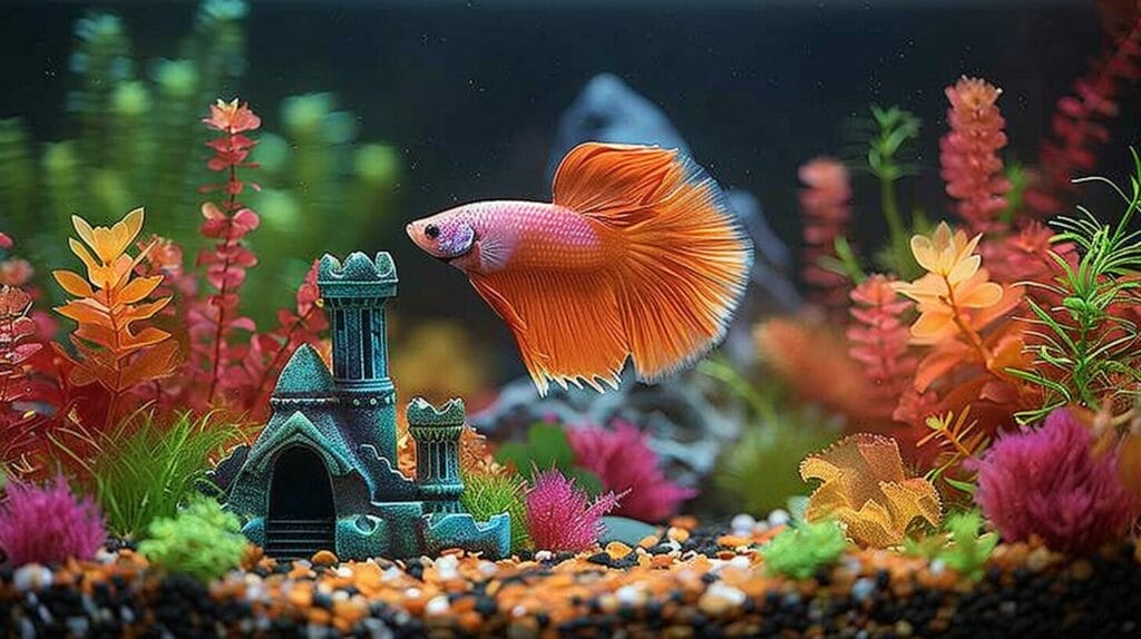 Vibrant underwater betta fish tank scene with colorful ornaments, plants, and rocks.