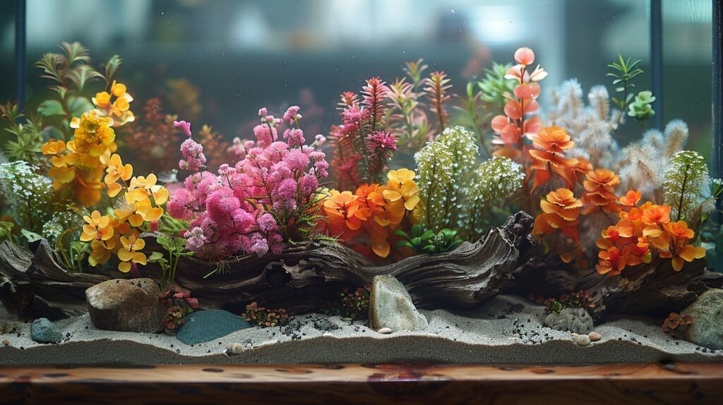 Well-arranged aquarium with strategically placed decorations.