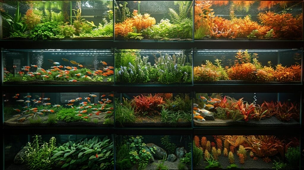 Well-maintained aquarium with colorful plants, fish, and coral.
